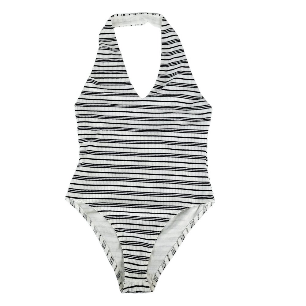 Fourteen & 9th Womens NWT L Bodysuit Halter Style Lined Blk White Striped Casual